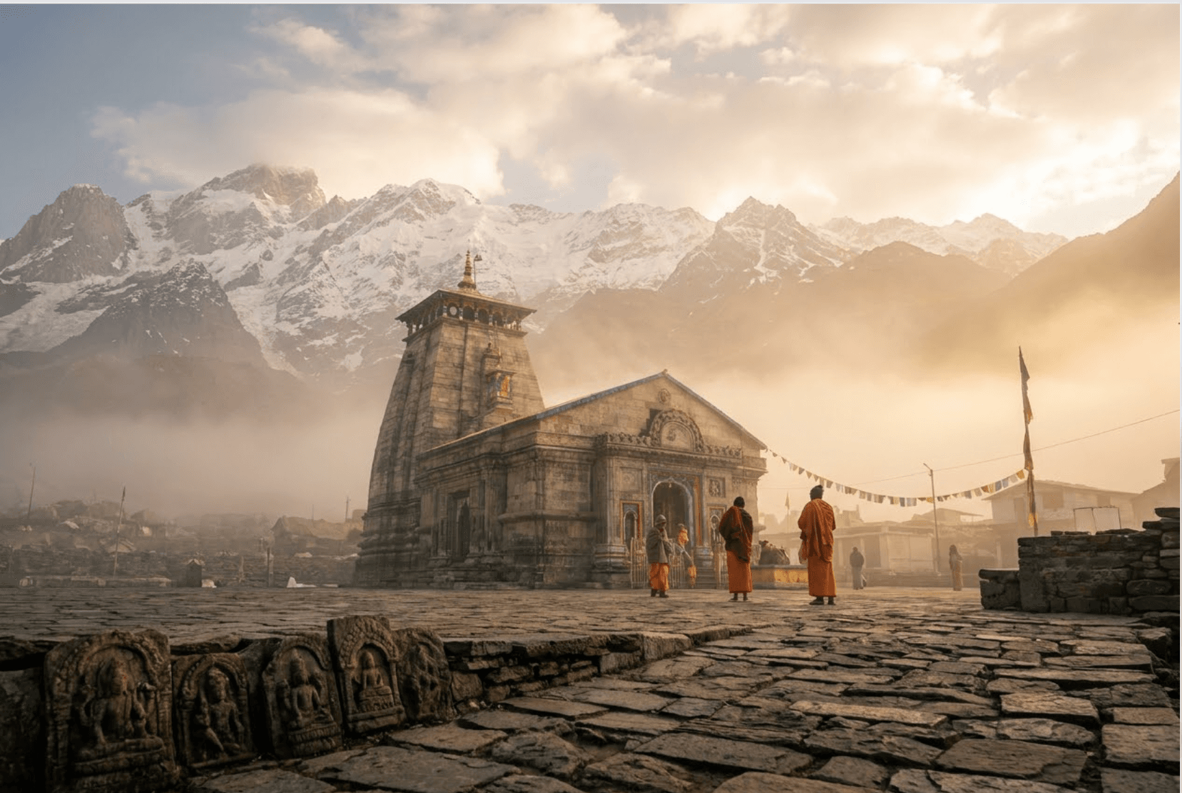Kedarnath temple beneath snow-covered Himalayan peaks at sunrise